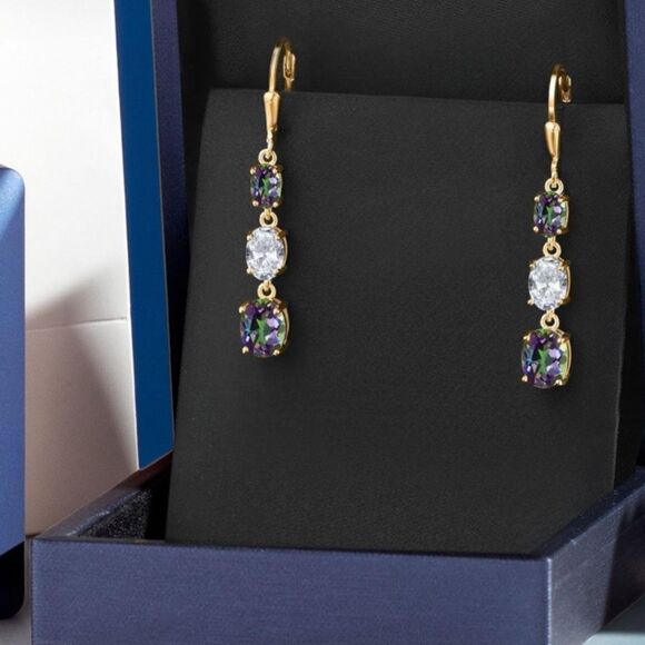 18K Yellow Gold with 6.35Cttw 3 Stone Green Mystic and White Topaz Drop Earrings - Picture 4 of 5